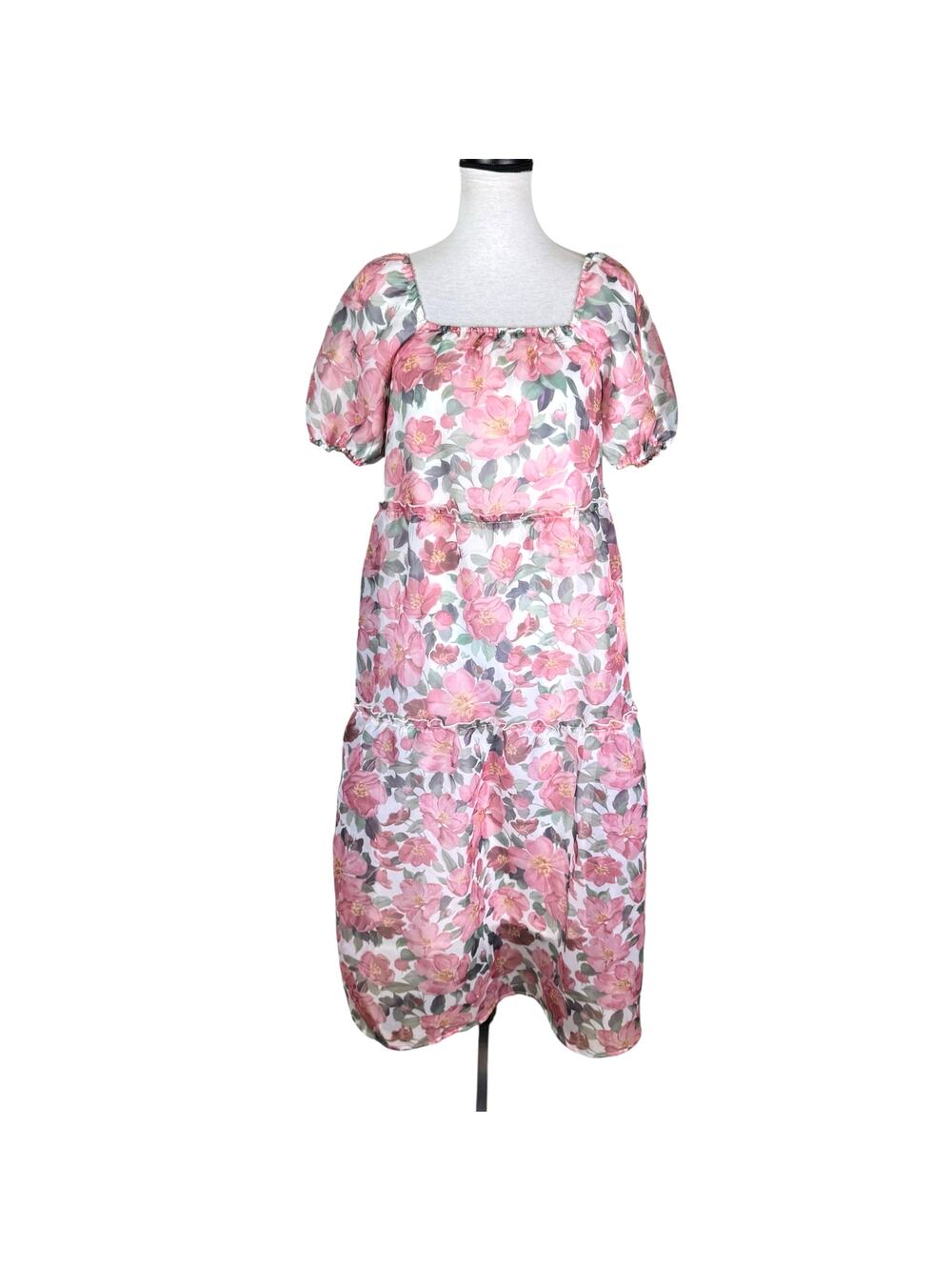 Piper and Scoot Eloise Pink Floral Puff Sleeve Midi Maxi Flirty Fairycore Dress